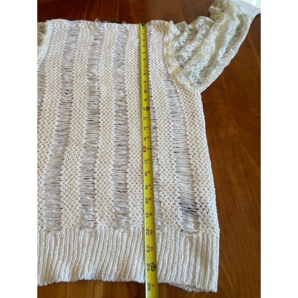 Sioni Sweater Cream Ladder Knit Lace Balloon Sleeve Boho Semi Sheer Romantic M - Picture 11 of 12